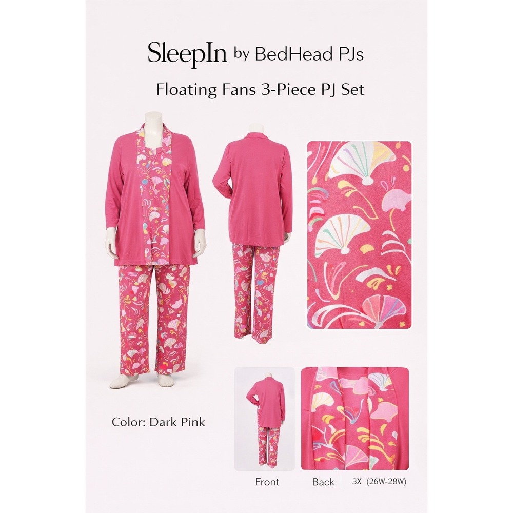 SleepIn by BedHead PJs Floating Fans 3-Piece PJ Set Dark Pink 3X 26W-28W A223194